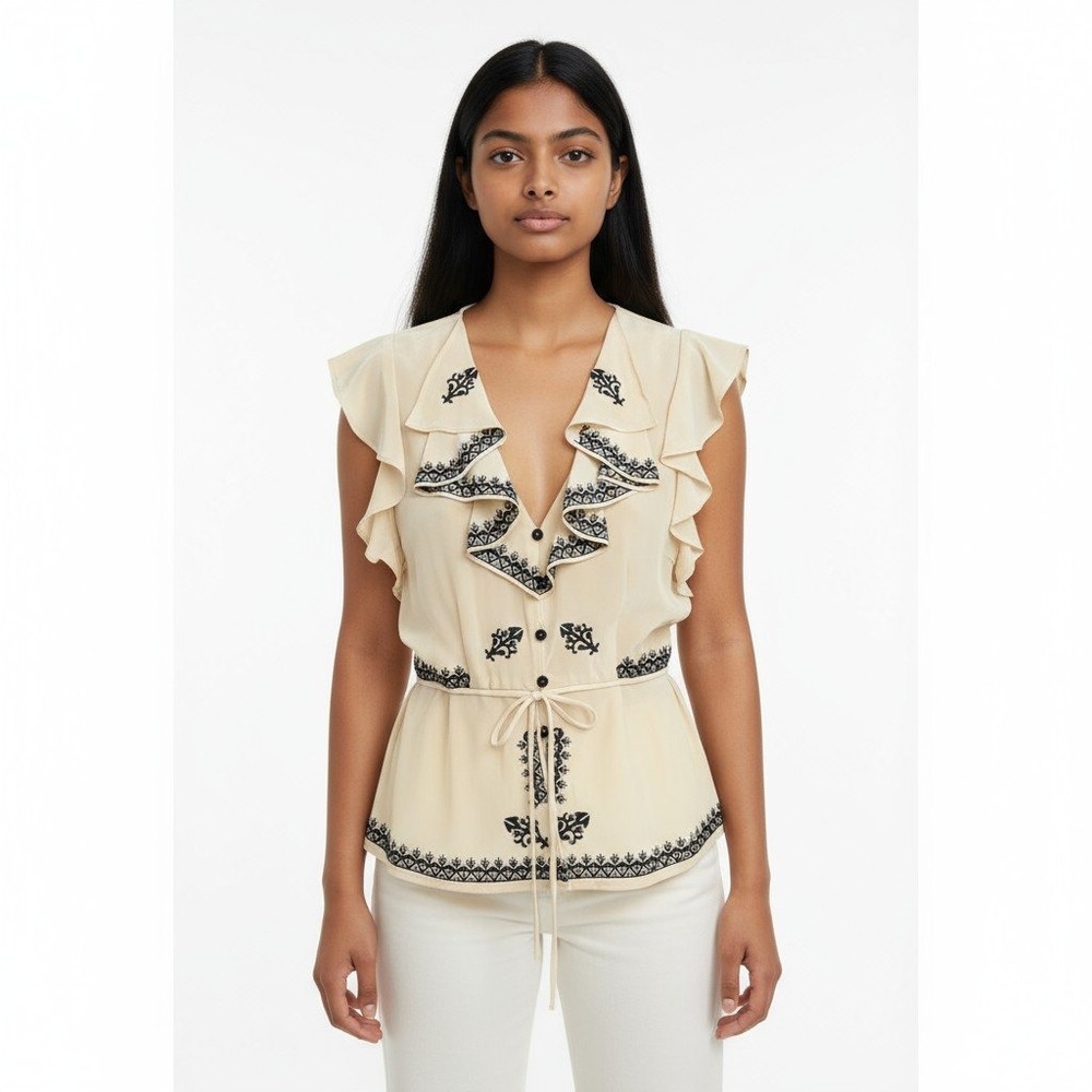 VTG Y2k 100% Silk Plenty by Tracy Reese Embroidered Ruffle Neck‎ Blouse Top Sz 8